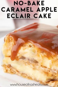 no - bake caramel apple eclair cake on a plate with text overlay