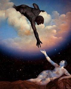 a painting of two people in the sky, one reaching for the other's hand