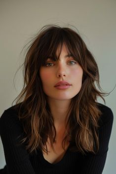 Transform Your Look: 21 Stunning Medium Haircuts with Bangs Hairstyle Long Bob With Bangs, Medium Textured Haircut With Bangs, Medium Bangs With Medium Hair, Shag Haircut Brunette, Dark Academia Bangs, Long Wavy Fine Hair, Medium Length Hair Long Bangs, Fringe Bangs With Curly Hair, Shaggy Haircut Curtain Bangs