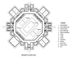 the ground plan for an indoor tennis court, with several rooms on each side and two floors