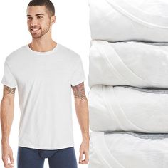 For the quality you want in a basic tee with the softness of a cotton-rich jersey blend, count on the experts at Hanes Ultimate for these essential ComfortBlend tees. Hanes quality is seen in every detail, from the stay-flat crewneck to the no-itch tagless design. This ultra-light and comfortable tee is made of super soft Cool Comfort fabric that wicks away moisture to keep you cool and dry all day. Additionally, these better-than-basic tees are designed with odor protection technology that figh White Crewneck, Buy One Get One, Basic Tee, Basic Tees, Moisture Wicking Fabric, A 4, Fabric Care, White Undershirt, Moisture Wicking