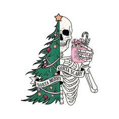 a skeleton holding a christmas tree with presents on it