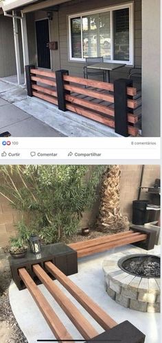 two pictures showing different types of benches in front of a house and an outside patio area