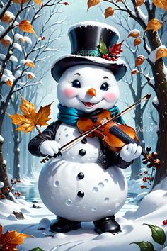 a snowman with a violin in the woods