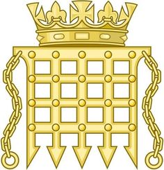 a golden coat of arms with crown and chain link around the edges on an isolated white background