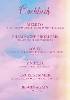 the menu for cocktails is shown in pink and blue