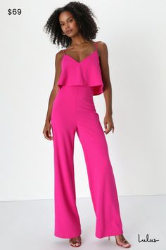 Spice up your next date night with the Lulus Make It a Date Magenta Sleeveless Wide-Leg Jumpsuit! Crepe knit shapes this flirty night-out jumpsuit that has adjustable spaghetti straps, a V-neckline, and a fitted sleeveless bodice with a flounce overlay. The high waist tops wide legs that end at ankle-length hems. Hidden back zipper. Fit: This garment fits true to size. Length: Floor length. Size medium measures 55" from adjustable straps to hem. Inseam: 32.00 Front Rise: 13.75 Bust: Great for an Jumpsuit For Wedding Guest, Lulu Pants, Flirty Outfits, Beautiful Jumpsuits, Italian Dress, Two Piece Jumpsuit, Lulu Fashion, Sleeveless Jumpsuits, Guest Outfit