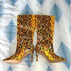 100% Authentic New Without Tags Kinga Leopard Print Synthetic Under The Knee Boots Size 7.5. Has A Small Scuff Mark On Sole Of Right Boot. Aside From That In New Condition. 3.5” Heel Yellow Fitted Boots With Round Toe, Yellow Round Toe Heels For Fall, Trendy Yellow Winter Boots, Yellow Leather Heels For Fall, Yellow Fitted Casual Boots, Yellow Heels With Reinforced Heel, Yellow High Heel Shoes For Fall, Yellow High Heel Boots For Party, Yellow High Heel Heels For Fall