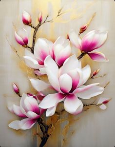 a painting of pink and white flowers on a branch