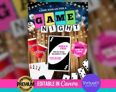 a flyer for a game night with dices, cards and other items on it