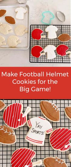 cookies for the big game are decorated in red and white with football helmets on them