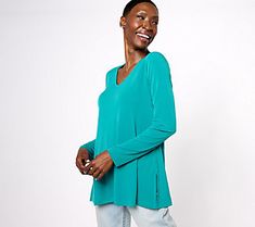 A versatile everyday option, this Liquid Knit tunic provides a flattering draped look that looks polished and put-together. From Susan Graver. Green V-neck Tunic For Fall, Versatile Stretch Blouse For Layering, Casual V-neck Tunic For Layering, Susan Graver, Knit Tunic, Put Together, That Look, A Line, Top Blouse