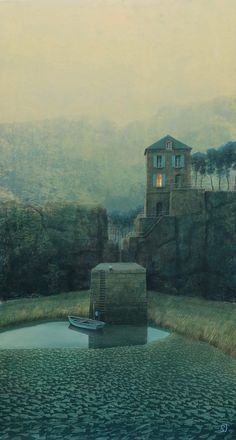 a painting of a boat in the water next to a stone wall with a house on it