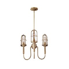 an antique brass chandelier with four lights and caged glass shades, hanging from the ceiling