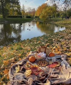 a picnic is set up on the bank of a pond with autumn leaves surrounding it