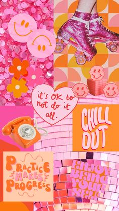 the collage has pink and orange images with hearts, flowers, and other things on it