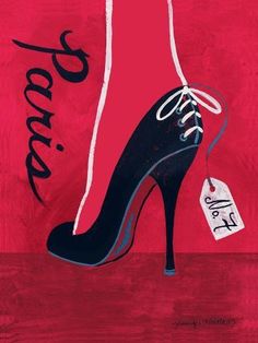 size: 12x9in Art Print: High Heels Paris by Jennifer Matla : Couture doesn’t get any hotter than Jennifer Matla’s glamorous illustrative artwork. Celebrating the femme form with bold colors, graceful lines and rich textures, she also depicts chic covetable items like flirty shoes and designer handbags as though they were purchased on a shopping whim. Exuding an indulgent 'pamper yourself’ attitude her work suggests empowerment through the carefree fun of dressing like a siren of style. Paris Art Print, Paris Canvas, Paris Poster, Paris Print, Paris Art, Red Art, Shoe Art, Trendy Shoes, Black White Red