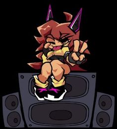 a cartoon character sitting on top of a sound system with his feet up in the air