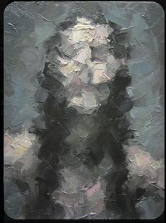 an abstract painting of a teddy bear sitting on the ground in front of a gray background