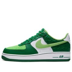 Introducing the Nike Air Force 1 Low ‘St. Patrick’s Day’ – a sneaker that celebrates March 17 in style! The leather upper is decked out in two shades of green – Pine Green and Mean Green – with perforated detailing on the toe box. The Swoosh is finished in gold for a touch of luxury, while the four-leaf clover debossed pattern on the heel overlay adds a festive touch. (AF1/SNKR) Green Nike Air Force 1 Low-top, Nike Green Leather Basketball Shoes, Green High-top Nike Air Force 1 With Branded Insole, Green Leather Nike Air Force 1 For Sports, Green Leather Skate Shoes With Perforated Toe Box, Green High-top Sneakers With Perforated Toe Box, Green Leather Nike Air Force 1 Sporty Shoes, Green Nike Air Force 1 Lace-up With Branded Insole, Green Nike Air Force 1 Lace-up Sneakers