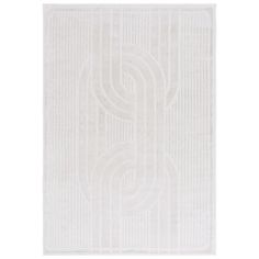 a white rug with an abstract design on it