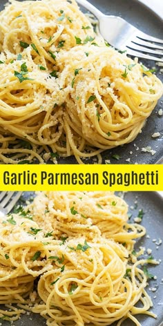 two pictures of spaghetti with garlic parmesan and parmesan cheese on top