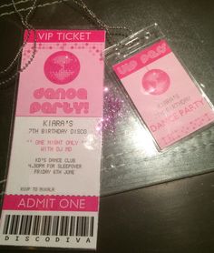 a pink ticket for a dance party with a disco ball on it's back