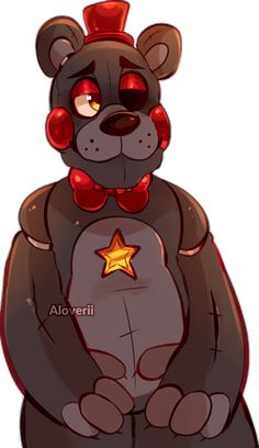 a teddy bear with red eyes and a star on its chest