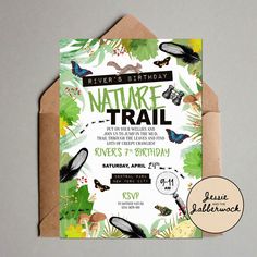 an image of a nature trail birthday party with butterflies and leaves on the front, along with a card that says river's birthday