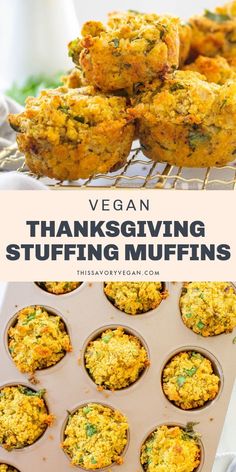 vegan thanksgiving stuffing muffins with text overlay