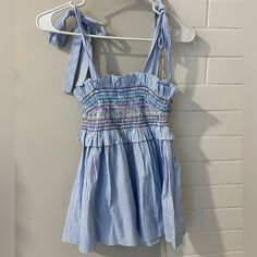 Tuckernuck Stripe Smocked Top, Size Xs, Blue & White W/ Rainbow Threading-Bnwt Cotton Smocked Top With Smocked Cuffs For Vacation, Blue Cotton Smocked Dress For Vacation, Casual Blue Cotton Smocked Dress, Casual Blue Smocked Top For Summer, Blue Smocked Top For Summer, Blue Smocked Top With Smocked Back For Summer, Blue Smocked Top For Vacation, Blue Smocked Top With Smocked Back For Vacation, Blue Smocked Top For Summer Brunch