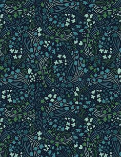 an abstract blue and green background with swirls, dots and leaves on it's surface