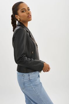 Experience timeless elegance with the Kelsey Leather Biker Jacket. This wardrobe staple is made from premium lamb leather and features a classic silhouette, bringing a taste of luxury to everyday wear. Gold Branding, Leather Biker Jacket, Black Xs, Classic Silhouette, Gold Leather, Biker Jacket, Wardrobe Staples, Timeless Elegance, Everyday Wear