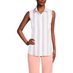 in stock Casual White Blouse With Vertical Stripes, Pinstripe Sleeveless Top For Spring, Pinstripe Top For Summer Daywear, Casual Pinstripe Tops For Daywear, Pinstripe Collared Tops For Daywear, Collared Pinstripe Tops For Daywear, Casual Pink Top With Striped Collar, White Vertical Striped T-shirt For Summer, Casual Pink Shirt With Vertical Stripes