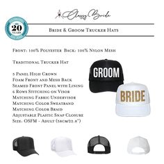 Find your must have custom trucker hats here at Classy Bride. Our traditional truckers will be a hit at your next bachelorette party, GNO, or couples event. You and your guests will enjoy them poolside or out on the town. The options are endless! These one of a kind adjustable baseball caps are unique as the bride and groom. have them printed with a hashtag or weekend theme, favorite city, or individual names. Available with 1 or 2 custom lines of text Printed in the color of your choice Super C Couple Event, Classy Bride, Custom Trucker Hats, Groom Accessories, Couple Pajamas, Custom Napkins, White Caps, Hat Set, Wine Bag