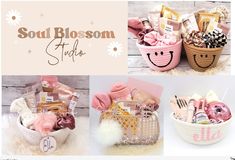 three pictures of baskets with items in them and the words soul blossom studio on it