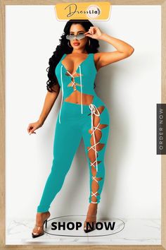 Women Clothing Solid Color Sexy V Neck Sleeveless Bandage Hollow Out Casual Streetwear Jumpsuit Green Sleeveless Bodysuit For Club, Spring Sleeveless Strapped Bodysuit, Spring Sleeveless Bodysuit With Straps, Streetwear Jumpsuit, Jumpsuits And Romper, Color Pick, Jumpsuit Fashion, Casual Streetwear, 1 Million