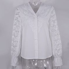 Women Sexy White Lace Patchwork Hollow Out Shirt Blouse Long Sleeve O-Neck Mesh Tops Elegant V-neck Blouse With Lace Patchwork, V-neck Blouse With Lace Patchwork For Party, Party V-neck Blouse With Lace Patchwork, Long Sleeve Stretch Blouse With Lace Patchwork, Stretch Long Sleeve Blouse With Lace Patchwork, Long Sleeve Blouse With Lace Patchwork And Stretch, White V-neck Top With Lace Patchwork, Stretch Lace Patchwork Long Sleeve Blouse, Long Sleeve Lace Patchwork Top For Work