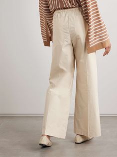 TOTEME Belted organic cotton-twill wide-leg pants Beige Cotton Wide Leg Pants For Work, Modern Cotton Ankle-length Pants, Modern Ankle-length Cotton Pants, Everyday Cotton Ankle-length Wide Leg Pants, Modern Cotton Bottoms For Daywear, Neutral Cotton Wide Leg Pants For Work, Modern Cotton Pants With Elastic Waistband, Neutral Cotton Wide Leg Pants, Modern Cotton Pants For Fall