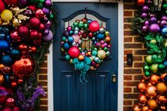 a blue door decorated with christmas ornaments and wreaths next to a red brick wall