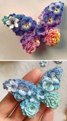 crocheted flowers are shown in two different colors, one is blue and the other is pink