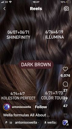 Dark Chocolate Color Hair, Wella Brown Hair Color Chart, Dark Chocolate Black Hair, Wella Hair Color Chart Brown, Brunette Hair Color Formulas, Wella Color Touch Formulas Brown, Dark Brown Hair Formula, Brunette Hair Formulas, Ash Brown Hair Formula