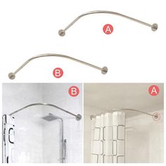 three different types of shower hoses and handrails in various stages of installation