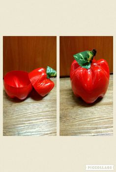 two pictures of a red pepper on a wooden table