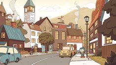 an animated city street scene with cars and buildings