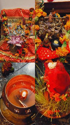 an assortment of decorative items on display in a room with red and orange accents, including a candle