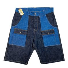 Measurements: Waist Laid Flat Is 17 In Inseam Is 11 In Nwt 34 Denim Shorts With Contrast Stitching, Blue Cotton Shorts With Patch Pockets, Blue Short Bottoms With Patch Pockets, Blue Patch Pocket Shorts For Summer, Blue Cotton Bottoms With Contrast Stitching, Fitted Shorts With Patch Pockets, Blue Cotton Patchwork Shorts, Fitted Blue Shorts With Side Pockets, Blue Retro Shorts With Relaxed Fit