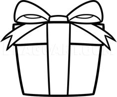 a black and white drawing of a gift box with a bow on it's top