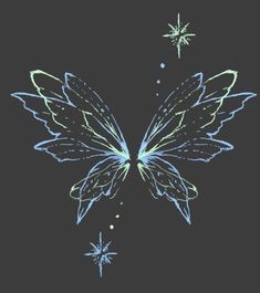 a drawing of a butterfly flying in the sky with snowflakes on its wings