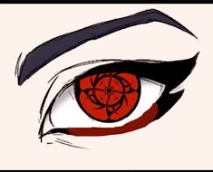 an anime character's eye with red and black accents